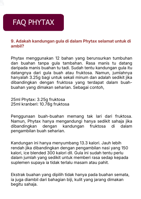 FAQ 9: Kandungan Gula Dalam Phytax