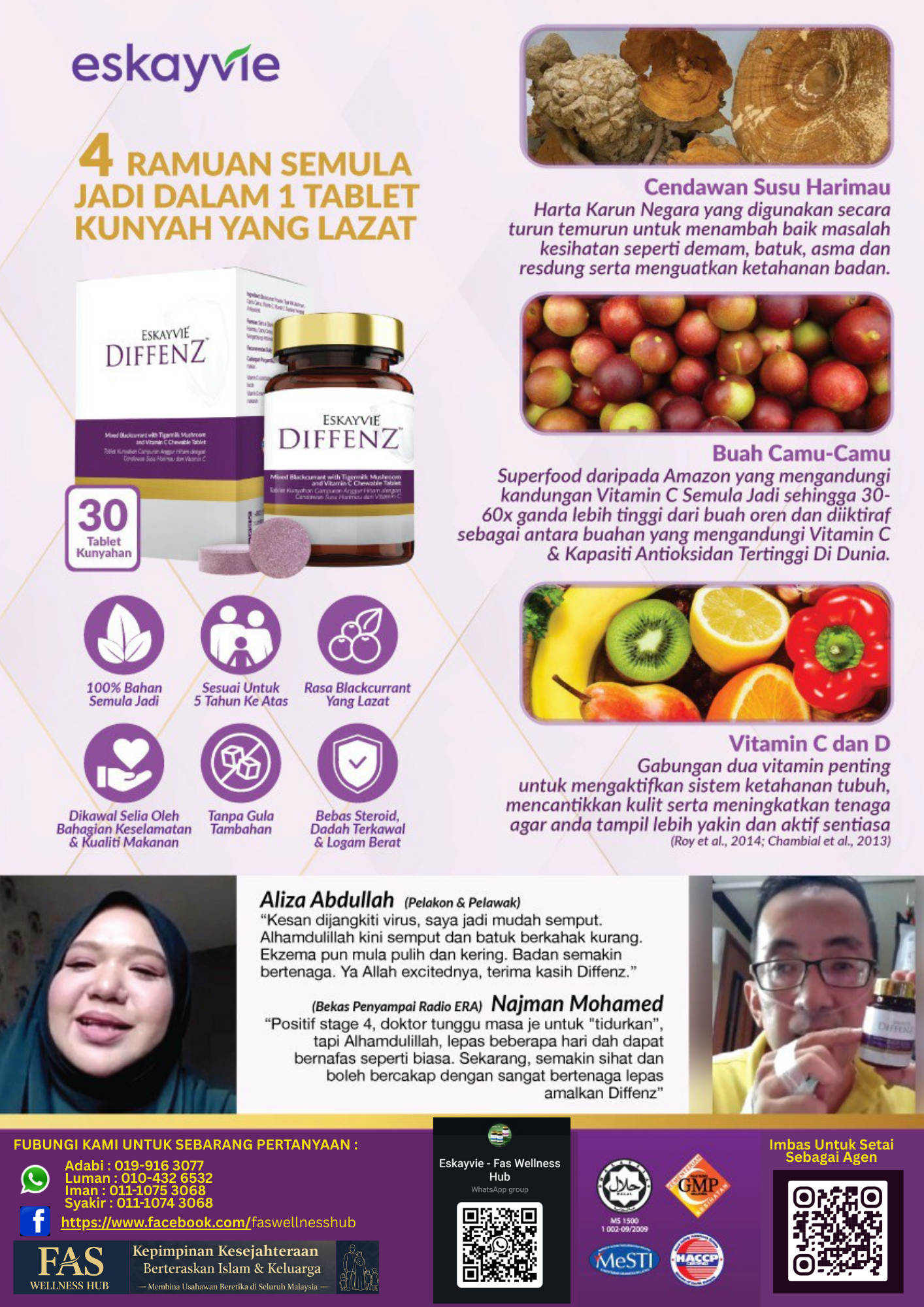 Infografik Eskayvie Diffenz yang menerangkan empat ramuan utama iaitu Tiger Milk Mushroom, camu-camu, vitamin C dan vitamin D sebagai sokongan nutrisi untuk imun, antioksidan dan kesejahteraan respiratori.