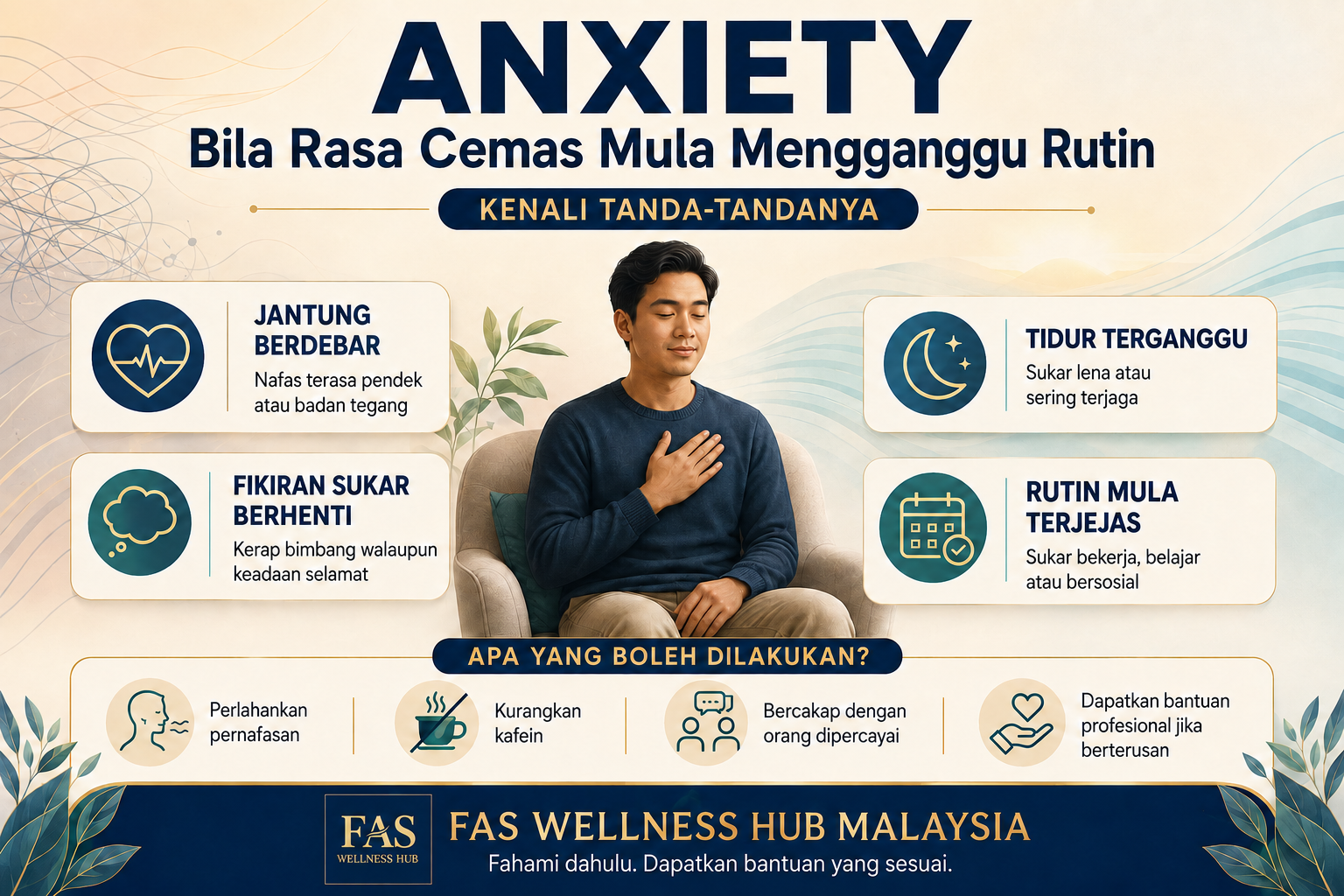 Infografik anxiety menunjukkan tanda seperti jantung berdebar, fikiran sukar berhenti, tidur terganggu dan rutin harian mula terjejas.