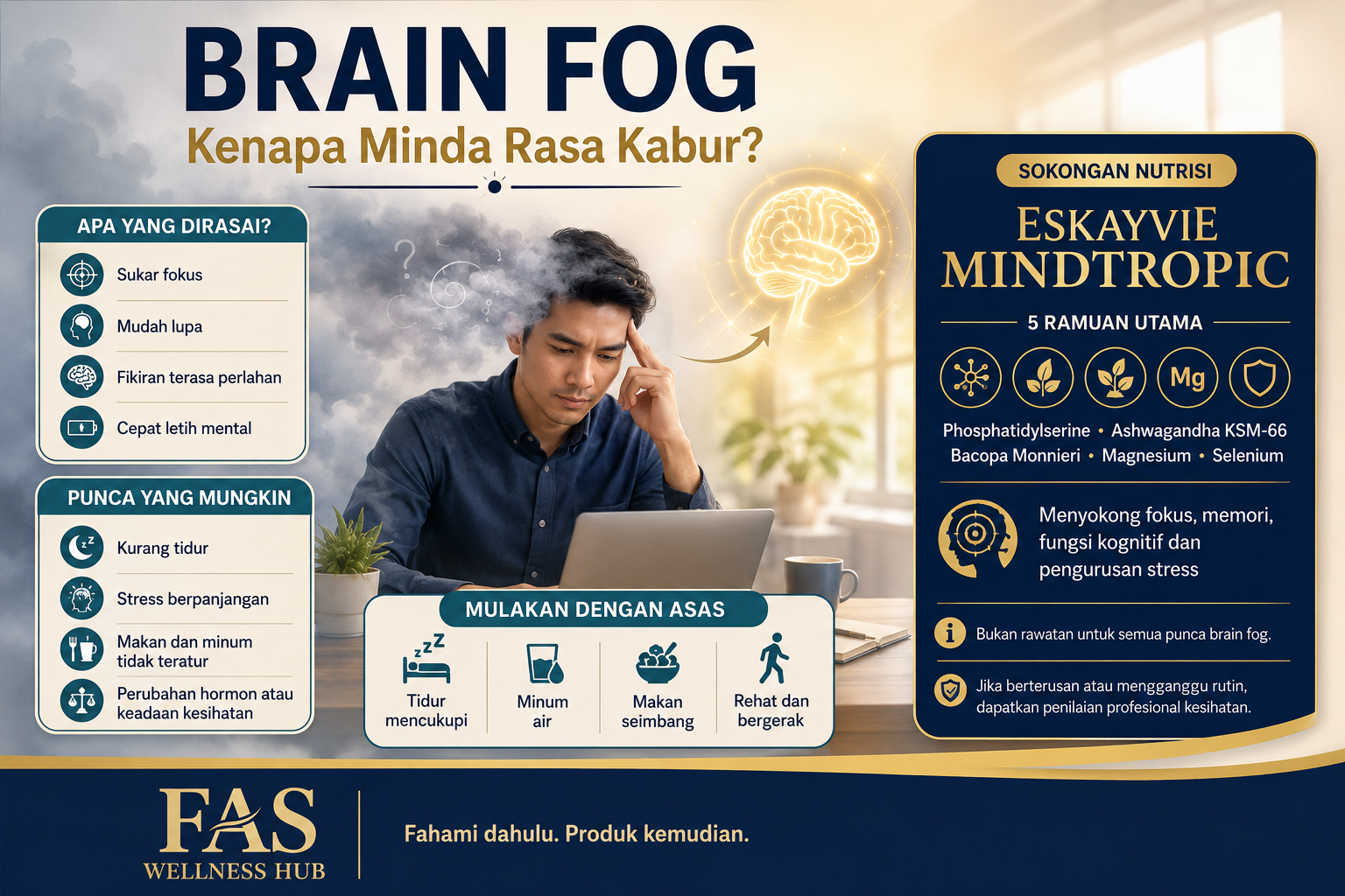 Infografik Brain Fog menerangkan tanda minda kabur, punca yang mungkin, langkah asas dan sokongan Eskayvie Mindtropic untuk fokus serta memori.