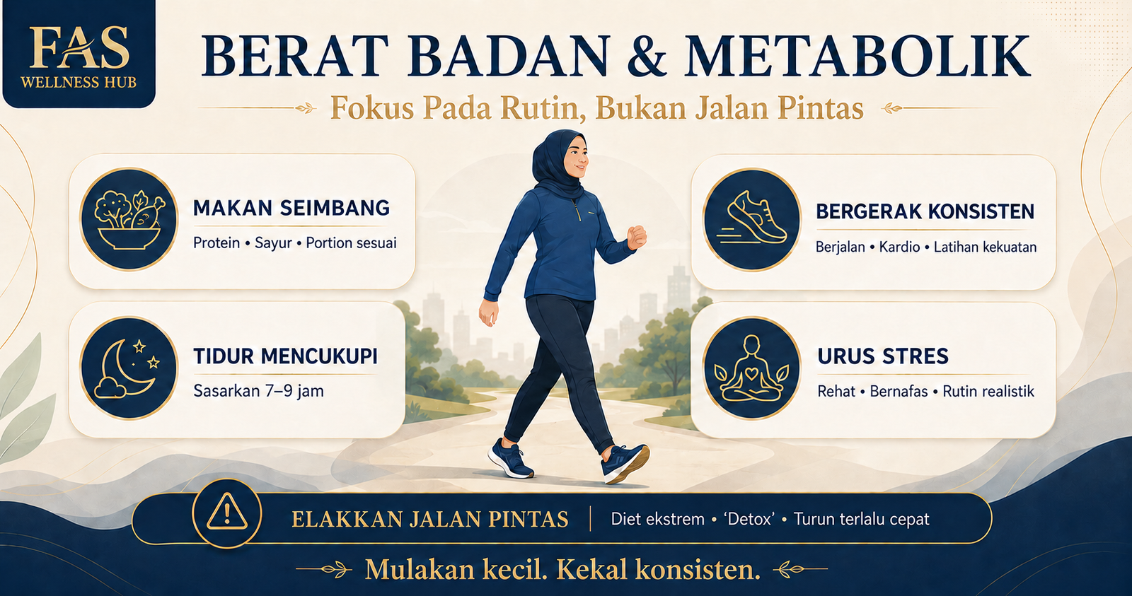 Infografik FAS Wellness Hub tentang pengurusan berat badan dan kesihatan metabolik melalui pemakanan seimbang, aktiviti fizikal, tidur mencukupi dan pengurusan stres.