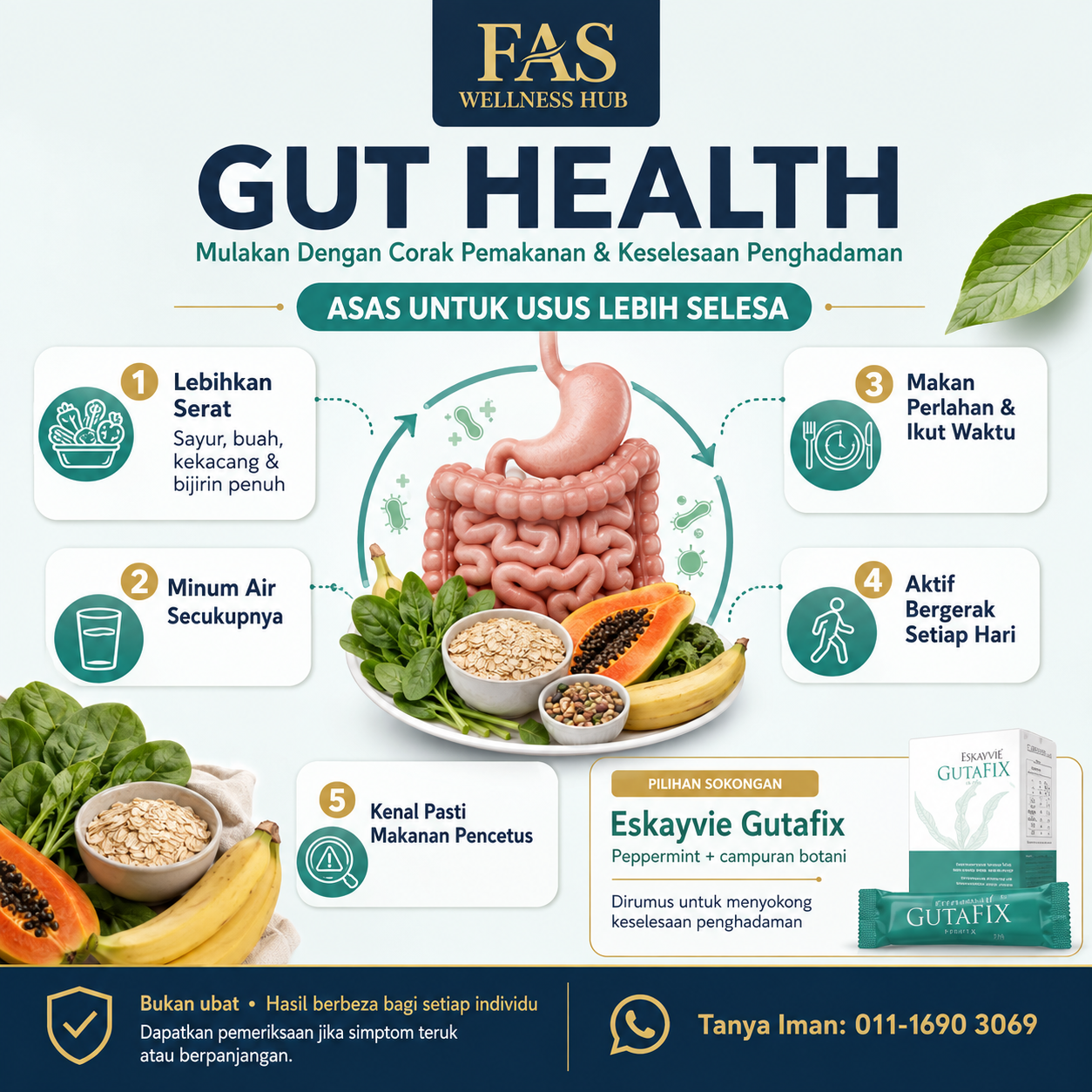 Infografik lima asas kesihatan usus dan Eskayvie Gutafix sebagai sokongan kepada keselesaan penghadaman.