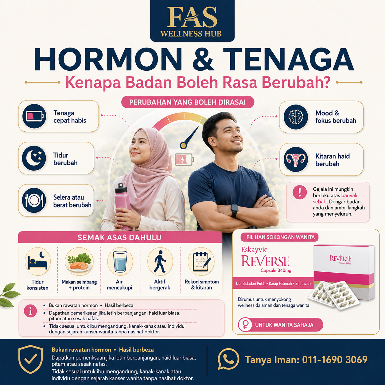 Infografik perubahan hormon dan tenaga serta Eskayvie Reverse sebagai sokongan wellness dalaman khusus untuk wanita.
