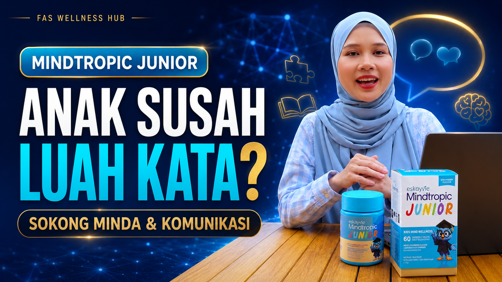 Seorang wanita menerangkan sokongan perkembangan minda dan komunikasi kanak-kanak bersama Eskayvie Mindtropic Junior